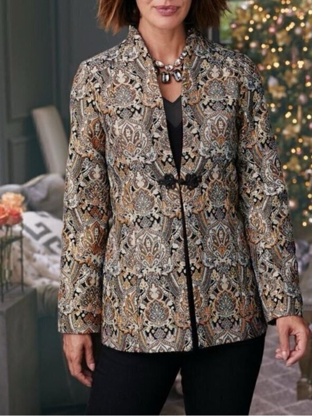 Soft Surroundings Jacket Women’s PM in Black, Tan & Blue Jacquard Boho